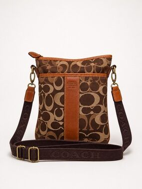 Coach Factory Brown Signature Canvas Messenger Bag with Leather Trim Y2K